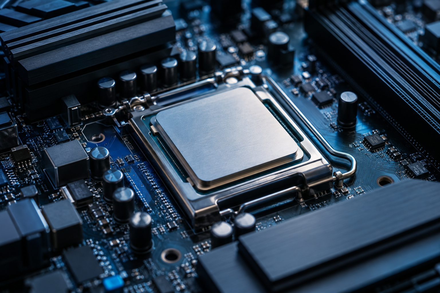 Close-up of a computer processor and motherboard with blue lighting