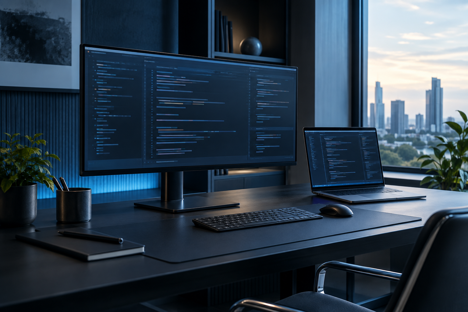 Modern computer workstation with a widescreen monitor, laptop, and keyboard